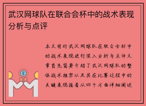 武汉网球队在联合会杯中的战术表现分析与点评
